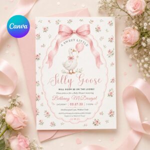 Silly Goose Baby Shower Invitation, Coquette Bow Goose Baby Shower Invite, Preppy Girl Baby Shower Editable Printable TemplateDownload Canva