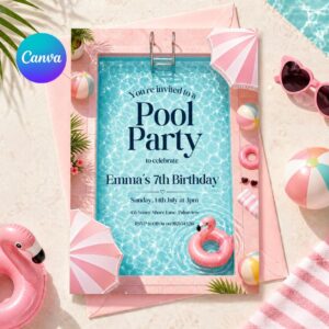 Pool Party Birthday Party Invitation Template, Hand Drawn Whimsical Swim Birthday Invite, Pink Bow Coquette Summer Birthday Pool Celebration