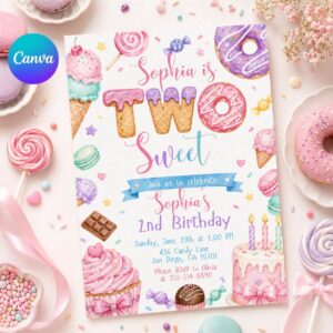Two Sweet Birthday Invitation In Pink, Personalized Girl Second Birthday Invitation (Digital Download)