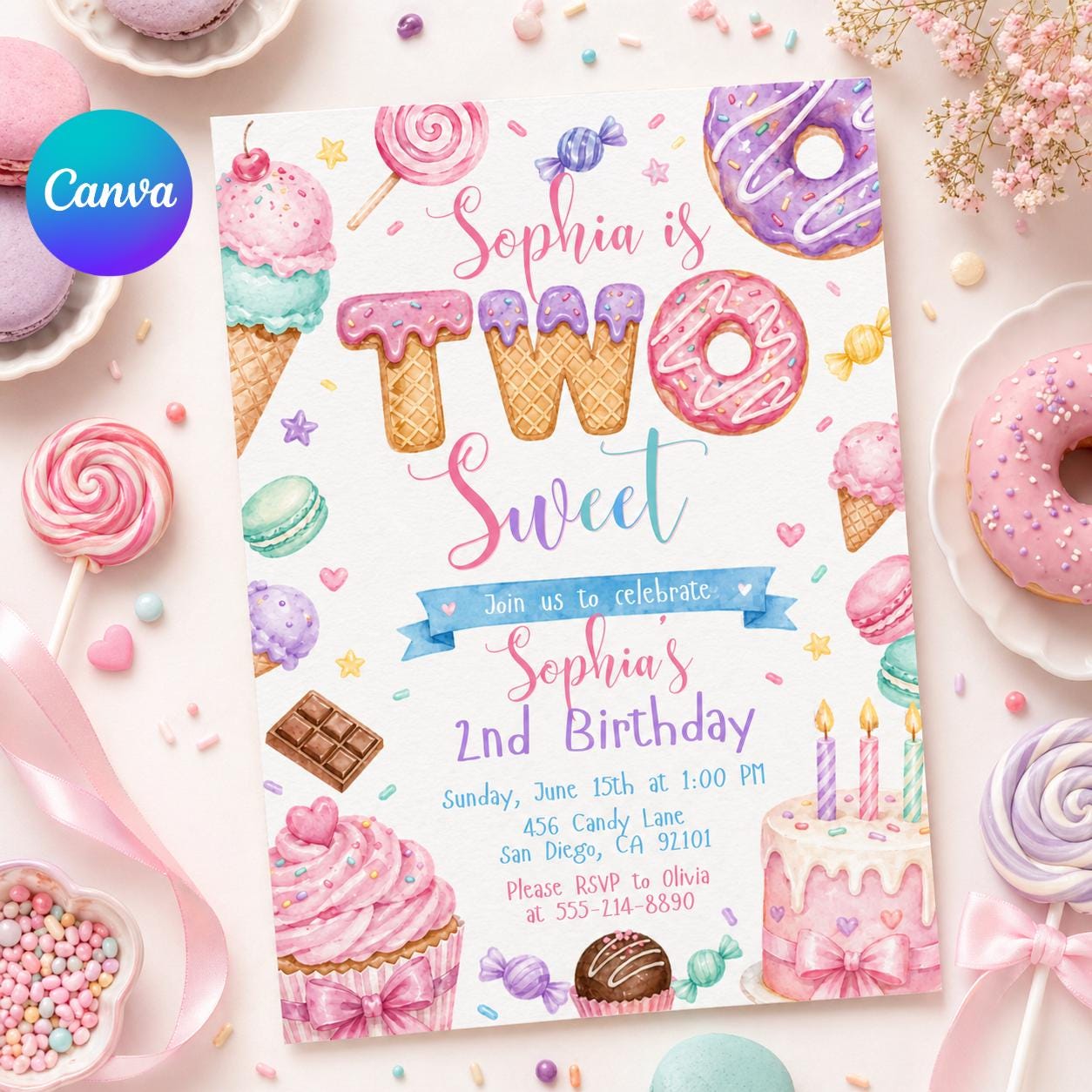 Two Sweet Birthday Invitation In Pink, Personalized Girl Second Birthday Invitation (Digital Download)