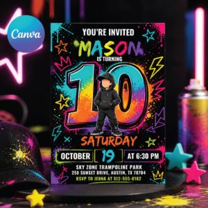 10th Birthday Invitation Boy Neon Editable Party Template Instant Download Teen Birthday Invite Digital Invitation for Boys tenth birthday