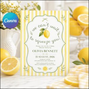 Lemon Baby Shower Invitation, We Can’t Wait to Squeeze You, Gender Neutral Citrus Baby Shower Invite, Editable Canva Template