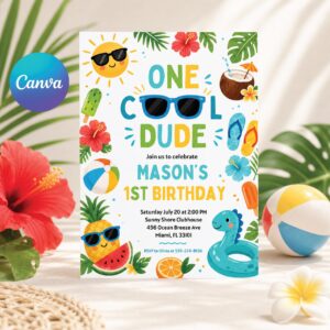Editable One Cool Dude Birthday Party Invitation Tropical Splish Splash Summer Boy 1st Birthday Party Pool Party,  Editable Canva Template