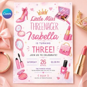 Fashion & Makeup Miss Threenager Birthday Party Invitation Card Template, Digital Girls Spa 3rd Birthday Invite (Canva template)