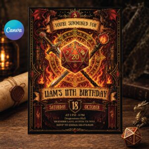 D&D Birthday Invitation – Dungeons and Dragons TTRPG Party Digital Invite, Fantasy Theme Editable Template