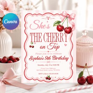 Editable Cherry Birthday Invitation, Stripes & Pink Bow, Cherry on Top Invite, Pink Gingham + Bow Canva Template (Digital Download)