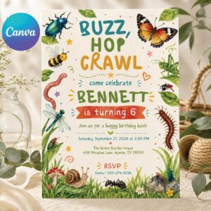 Insect Bugs Birthday Invitation, Buzz Hop Crawl, Outdoor Invite Nature Theme Party, Bugs Birthday Invitation, Canva Editable Template