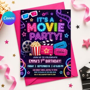 Movie Night Birthday Invitation, Movie Party Invitation, Cinema Invitation, Backyard Movie Night Birthday Birthday Invite, Editable Canva