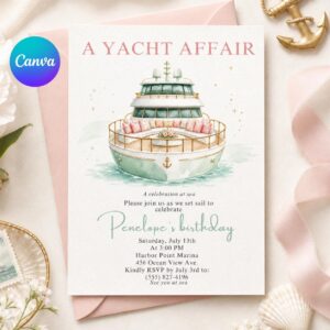 Yacht Invitation Template, Nautical Party Invite, Editable Coastal Celebration, Boat Party, Shower, Birthday, Any Event Canva