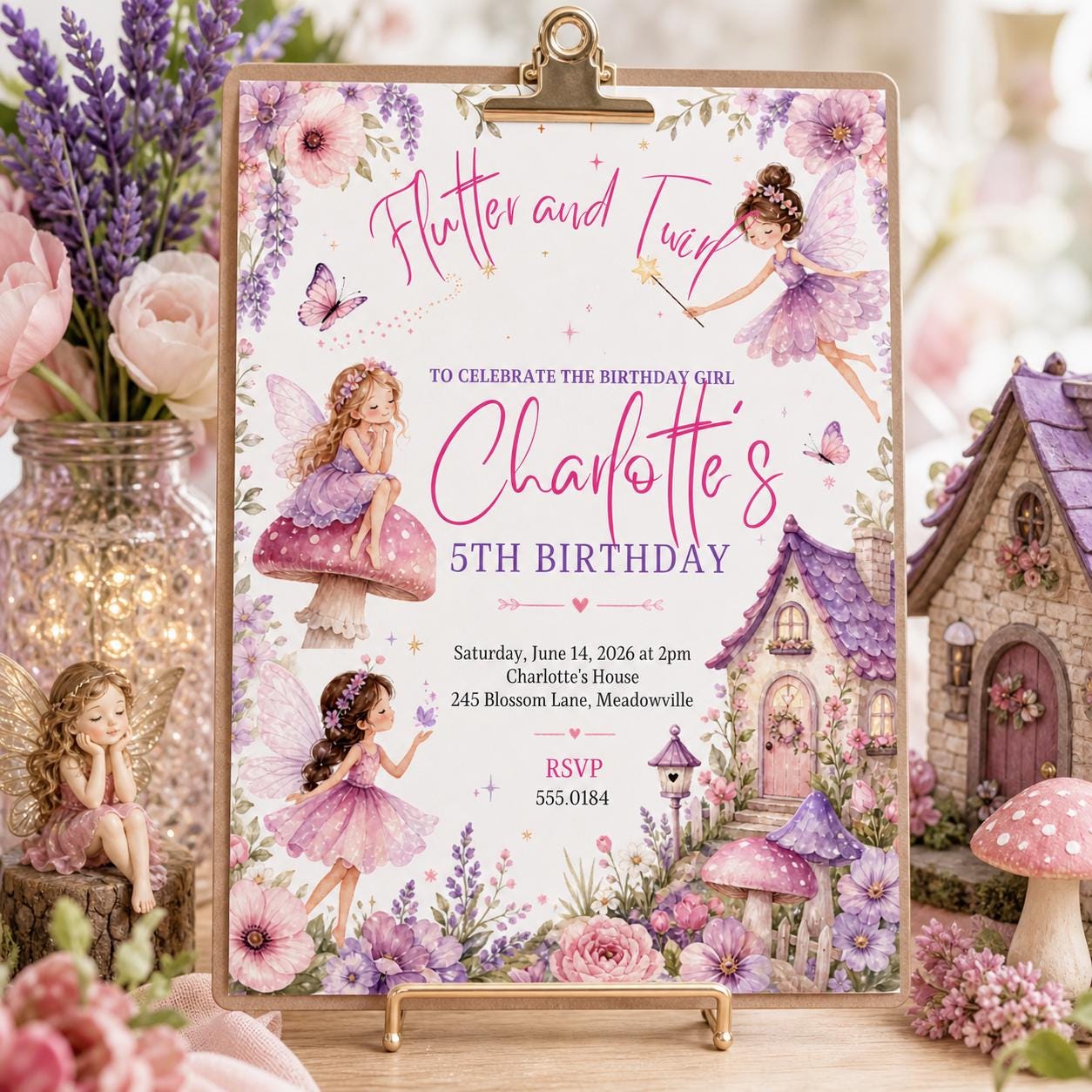 Editable Flutter and Twirl Little Fairy Birthday Invitation, Wildflower Fairy Birthday, Girl Pink Floral Fairy Birthday, Canva Template - Image 4
