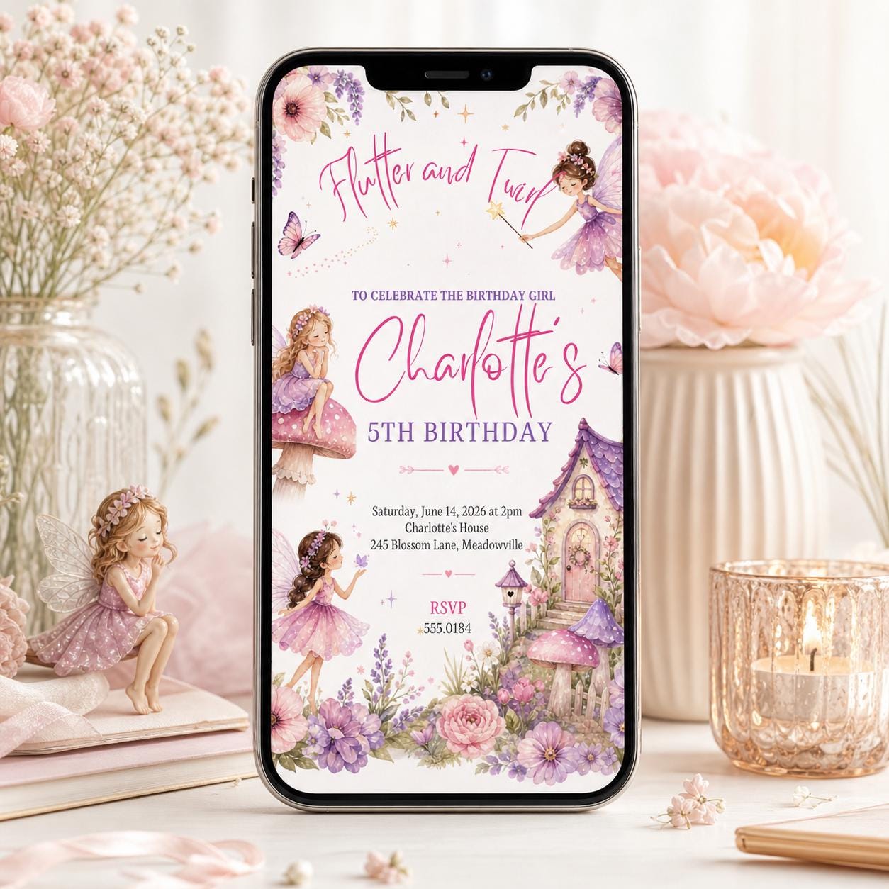 Editable Flutter and Twirl Little Fairy Birthday Invitation, Wildflower Fairy Birthday, Girl Pink Floral Fairy Birthday, Canva Template - Image 5