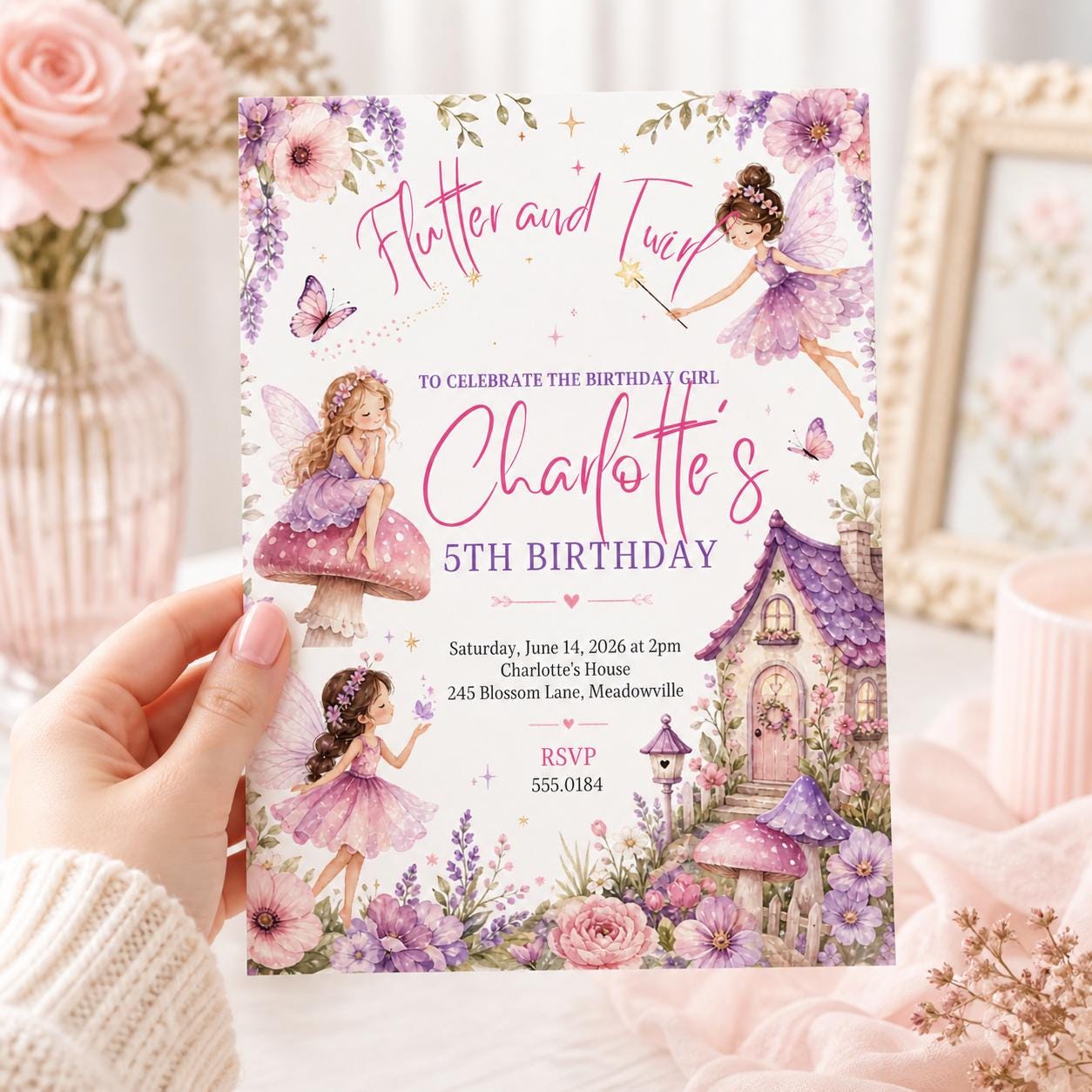 Editable Flutter and Twirl Little Fairy Birthday Invitation, Wildflower Fairy Birthday, Girl Pink Floral Fairy Birthday, Canva Template - Image 6
