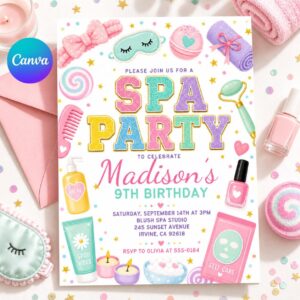 Spa Birthday Party Invitation, Pamper Party Invite, Girl Spa Birthday, Pink Bow Invitation, Editable Canva Template