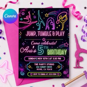 jump tumble & play gymnastics birthday party invitation editable template | girls rainbow gymnastics theme birthday invite, Canva Template