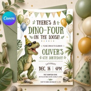 Dino Four Birthday Invitation, Dinosaur 4th Birthday Invite Boy, TRex Birthday Party Invitation, Dino Party Invite Printable, Canva template