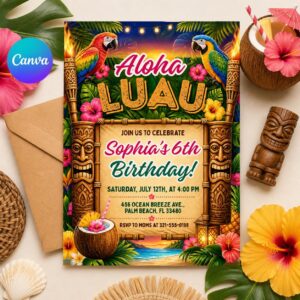 Aloha Luau Birthday Invitation, Tropical Birthday Invitation, Luau Birthday Invitation, Luau Invitation, Aloha Party Invite, Editable Canva