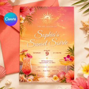 Sunset Soirée Summer Party Invitation for Print and Mobile (Editable Canva, Digital Download)