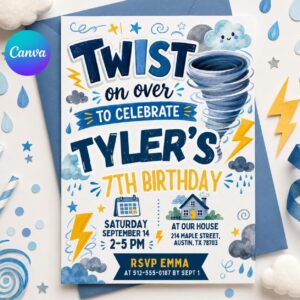 Twisted on Over to Celebrate Birthday Invite, Tornado-Themed Birthday Invitation Boy Invite, Twister 7th Birthday Invitation, Canva Template