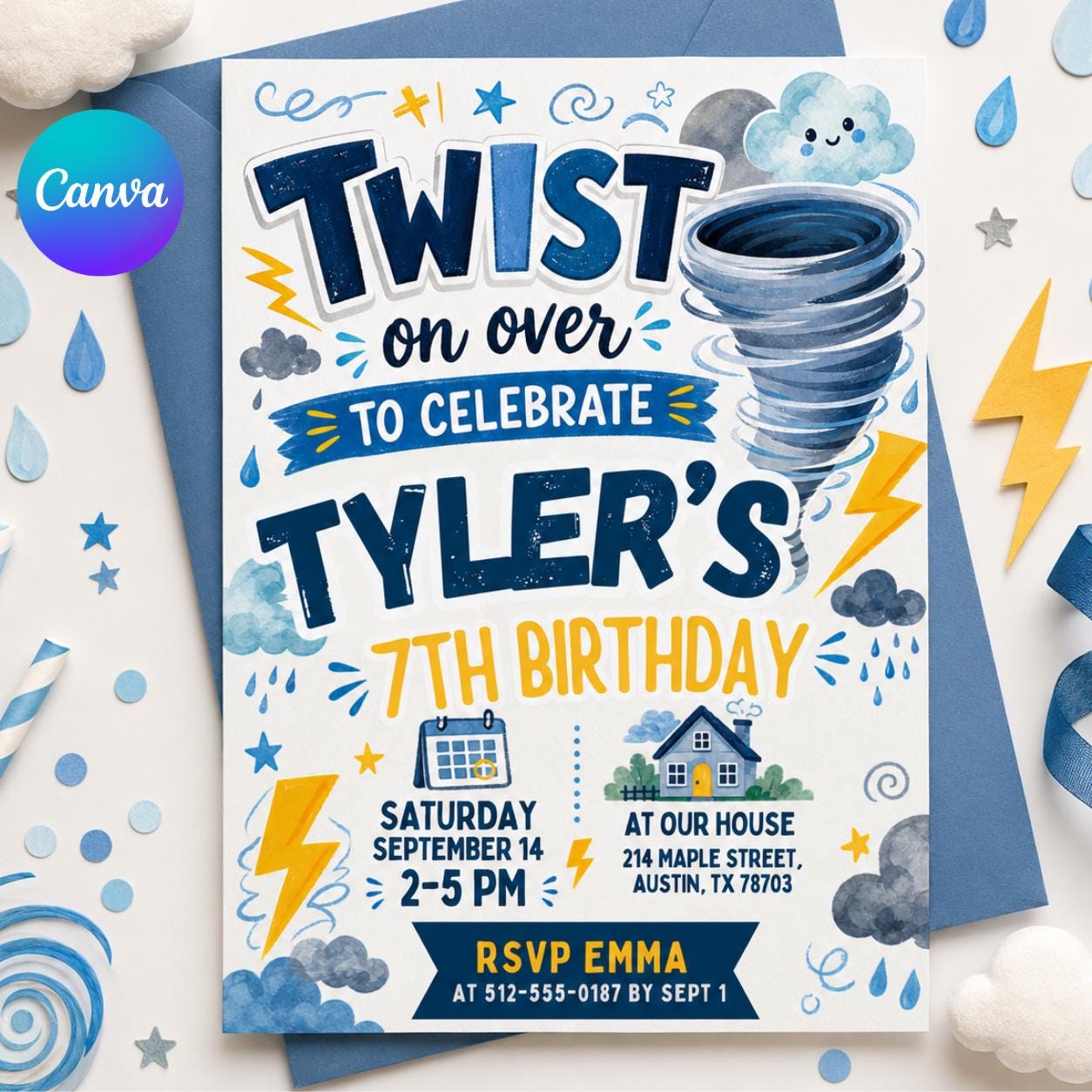 Twisted on Over to Celebrate Birthday Invite, Tornado-Themed Birthday Invitation Boy Invite, Twister 7th Birthday Invitation, Canva Template