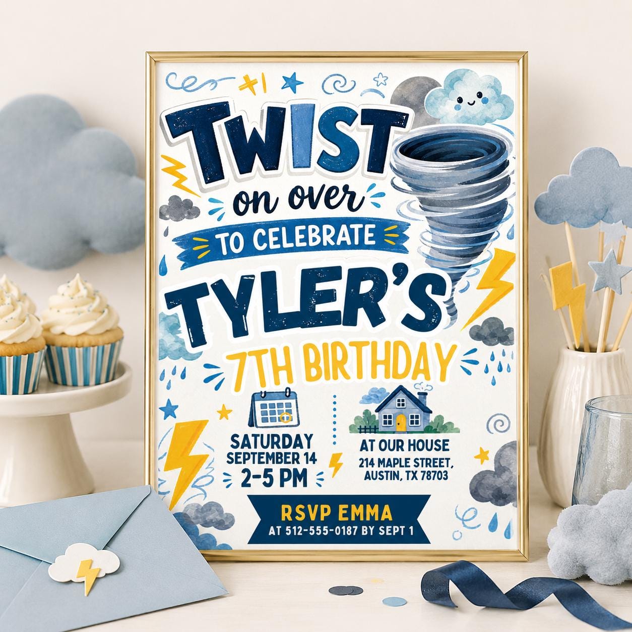 Twisted on Over to Celebrate Birthday Invite, Tornado-Themed Birthday Invitation Boy Invite, Twister 7th Birthday Invitation, Canva Template - Image 3