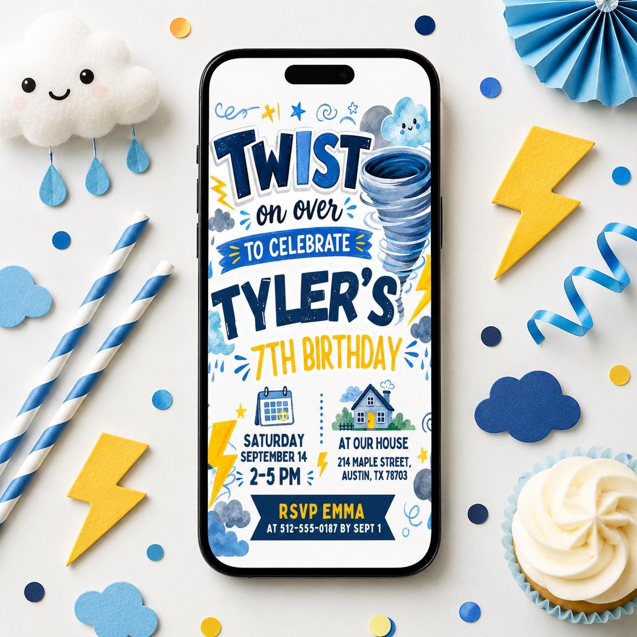 Twisted on Over to Celebrate Birthday Invite, Tornado-Themed Birthday Invitation Boy Invite, Twister 7th Birthday Invitation, Canva Template - Image 5