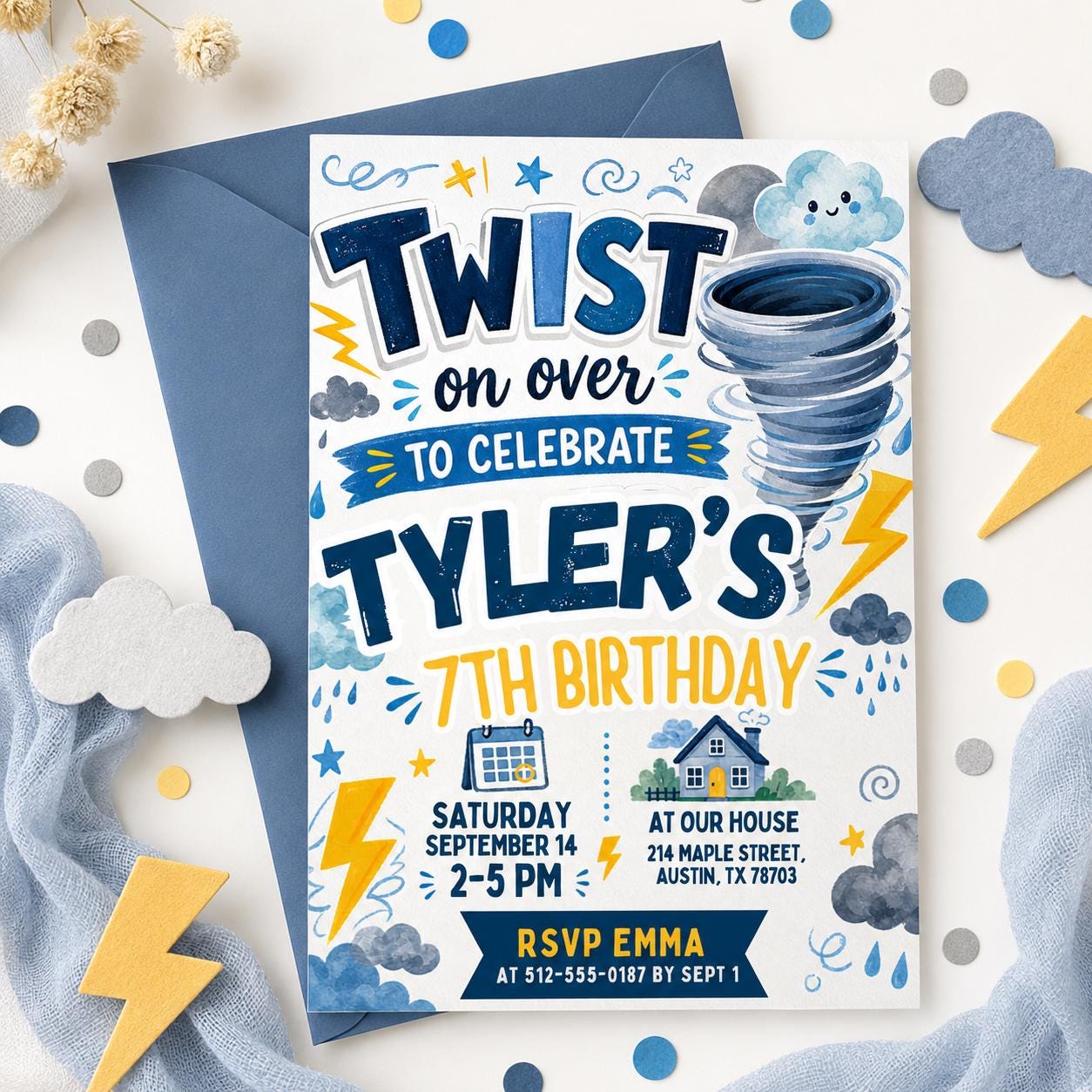 Twisted on Over to Celebrate Birthday Invite, Tornado-Themed Birthday Invitation Boy Invite, Twister 7th Birthday Invitation, Canva Template - Image 6