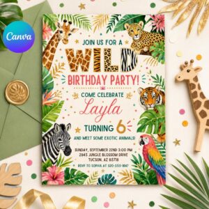 wild Animal Birthday Invitation Jungle Animal Birthday Invite Zebra, Giraffe, Cheetah, Tiger Animal Birthday Party, Editable Canva Template