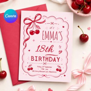 Cherry Sweet Birthday Invitation, Cherry Bow Birthday Invite, Cherry Girl Birthday Party Invite, Cherries Girl 1st Birthday, Editable Canva