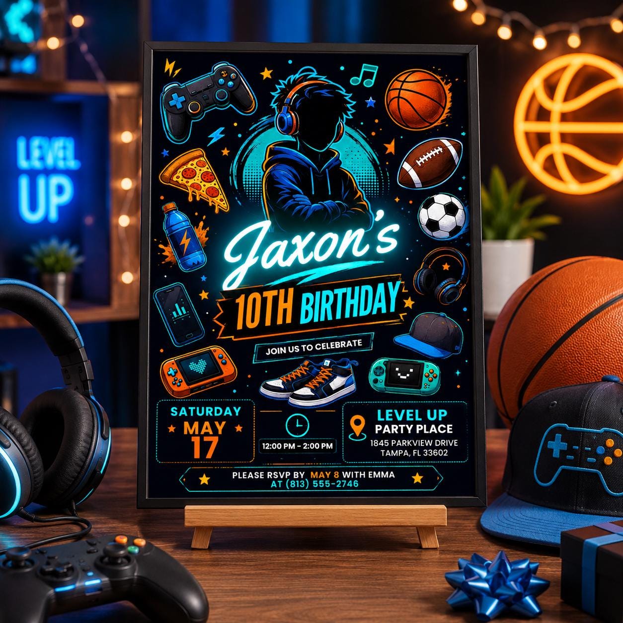 Teen Boy Birthday Party, Gaming invite, Basketball, Pizza & Music Theme, Tween Party Invite, Editable 10th Birthday Invitation, Canva invite - Image 6