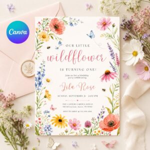Onederful Birthday Invitation, Wildflowers 1st Birthday Invite, Isn't She Onederful, Editable Girl First Birthday Invitation, Canva Template
