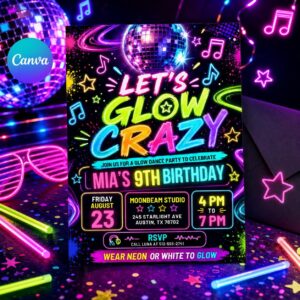 Printable editable Glow Party birthday invitation, Glow Crazy invite, Glow Party template, Neon Party invite digital template, girl birthday
