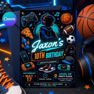 Teen Boy Birthday Party, Gaming invite, Basketball, Pizza & Music Theme, Tween Party Invite, Editable 10th Birthday Invitation, Canva invite