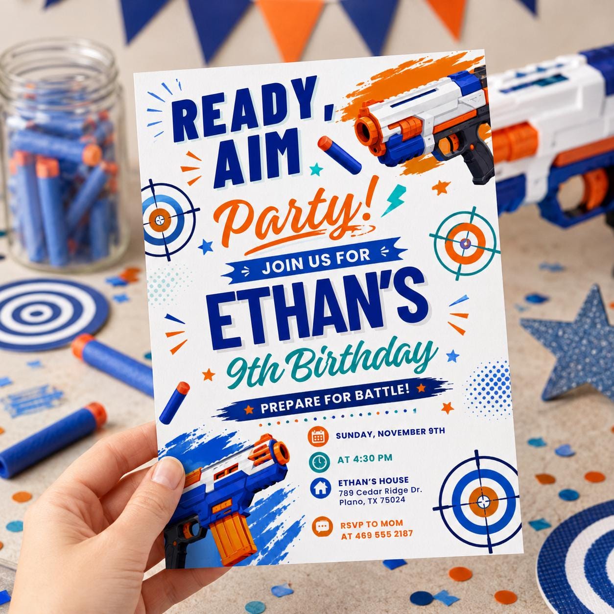 Blaster Birthday Invitation, Dart Battle Party Theme, Editable Canva Template (Digital Download) - Image 3