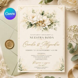 Invitación para Boda en Español para Editar, Elegant White Floral Engagement Ring Spanish Wedding Invitation Editable Wedding Canva Template