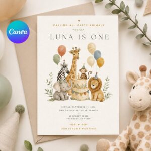 Digital Editable Calling All Party Animals Invitation | Party Animal Celebration Kids Birthday | Any Age Birthday Editable Canva Invite