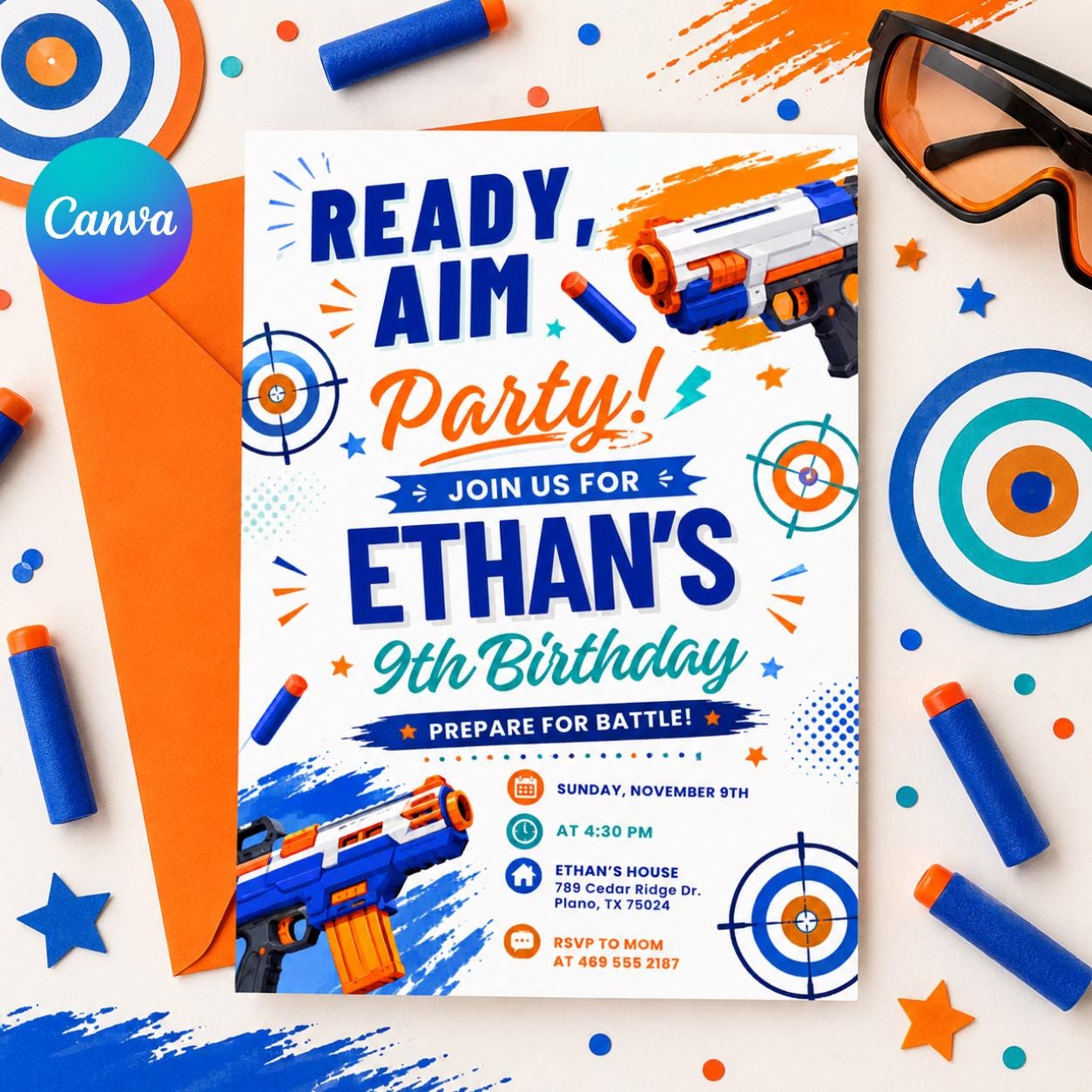 Blaster Birthday Invitation, Dart Battle Party Theme, Editable Canva Template (Digital Download)