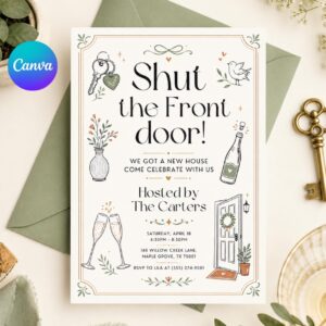 House Warming Invitation, Housewarming Invitation, Housewarming Party Invite, Modern Minimalistic, Shut The Front Door, Editable Canva