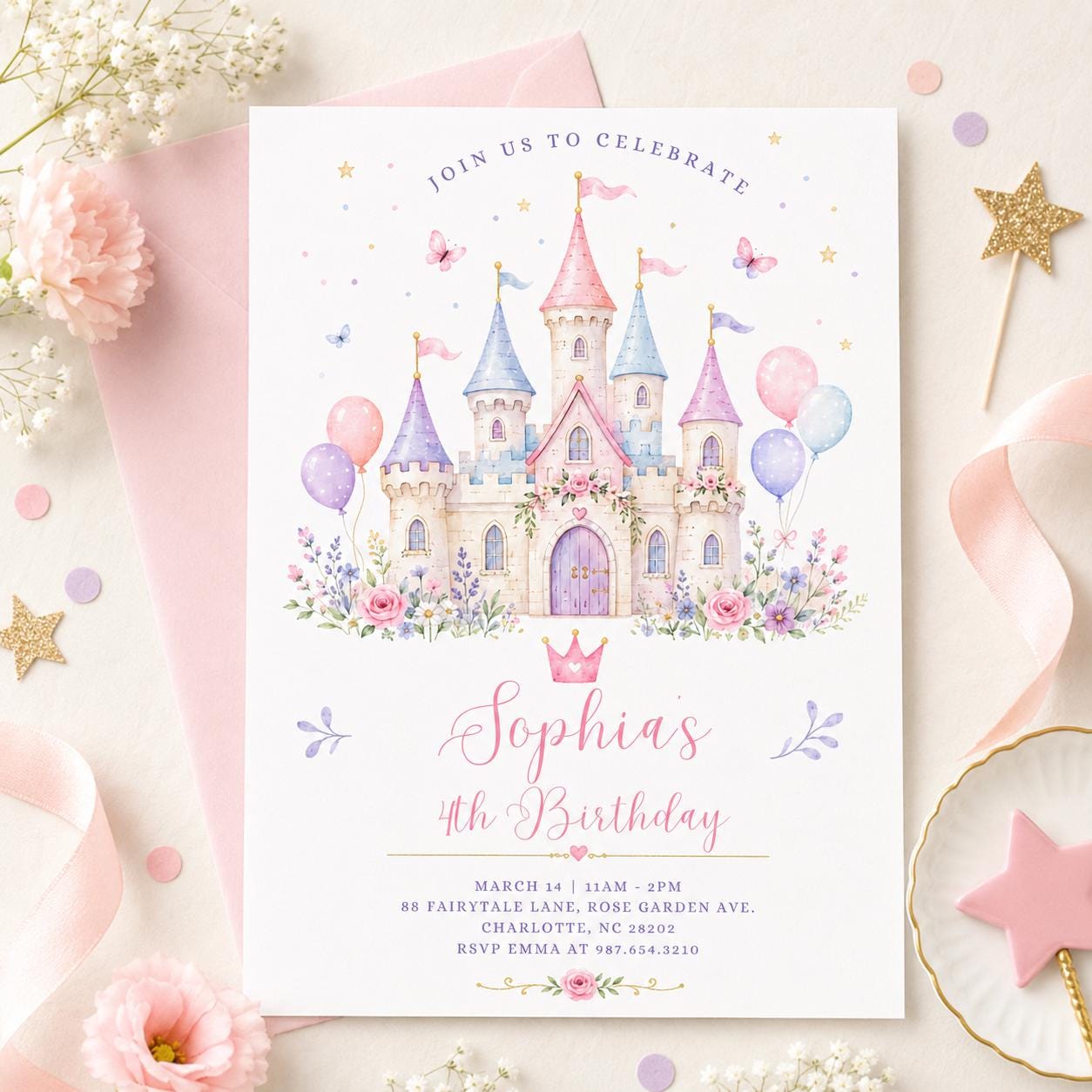 Princess Castle Invitation Girl, Pastel Birthday Party Card, Editable Canva Template, Kids Princess Theme, Magical Party Invite, Canva - Image 6
