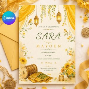 Elegant Floral Mayoun Invitation Template, Moroccan Mehndi Invite, Editable Event Card, Printable Wedding, Canva Template