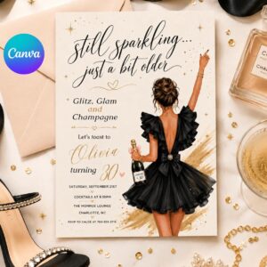 Glitz Glam Champagne Invite, Birthday Invitation Template, Glam Party Invite, Champagne, Editable Milestone, Editable Canva Template