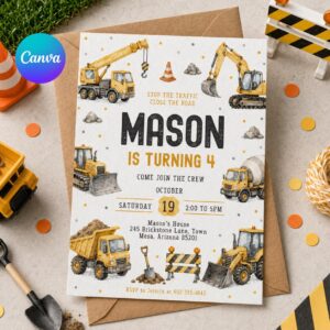 Construction Birthday Invitation: Editable Canva Template (Digital Download)