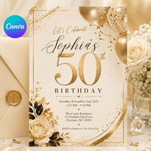 Editable 50th Birthday Invitation Template: Gold Floral Design (Digital Download)