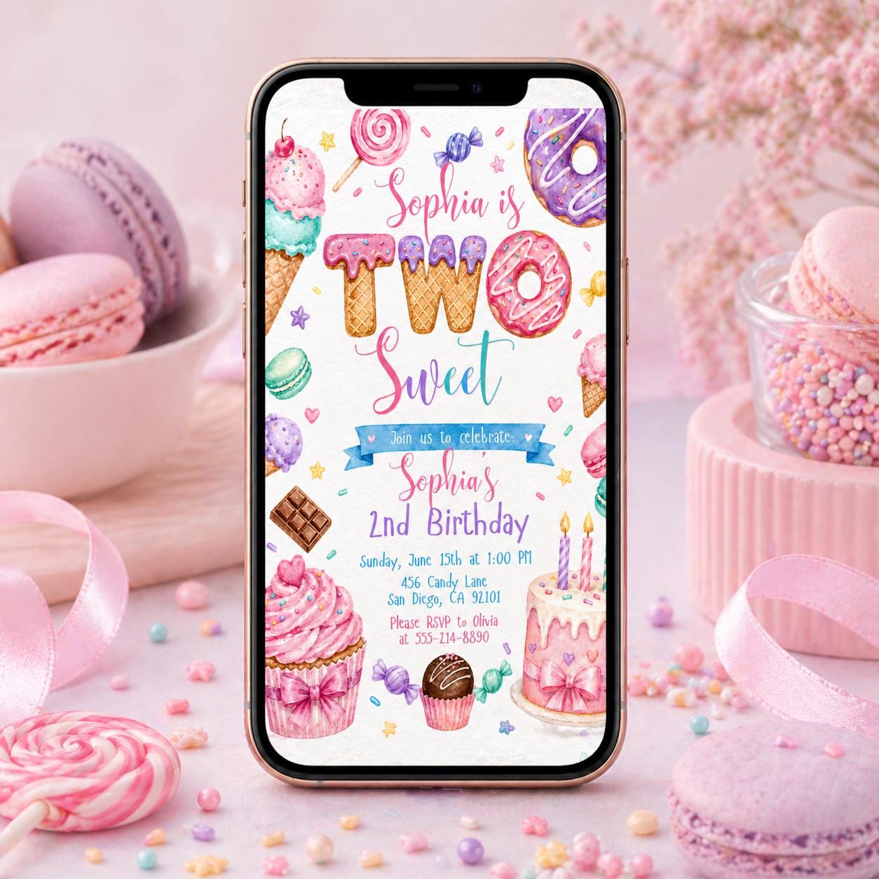 Two Sweet Birthday Invitation In Pink, Personalized Girl Second Birthday Invitation (Digital Download) - Image 3