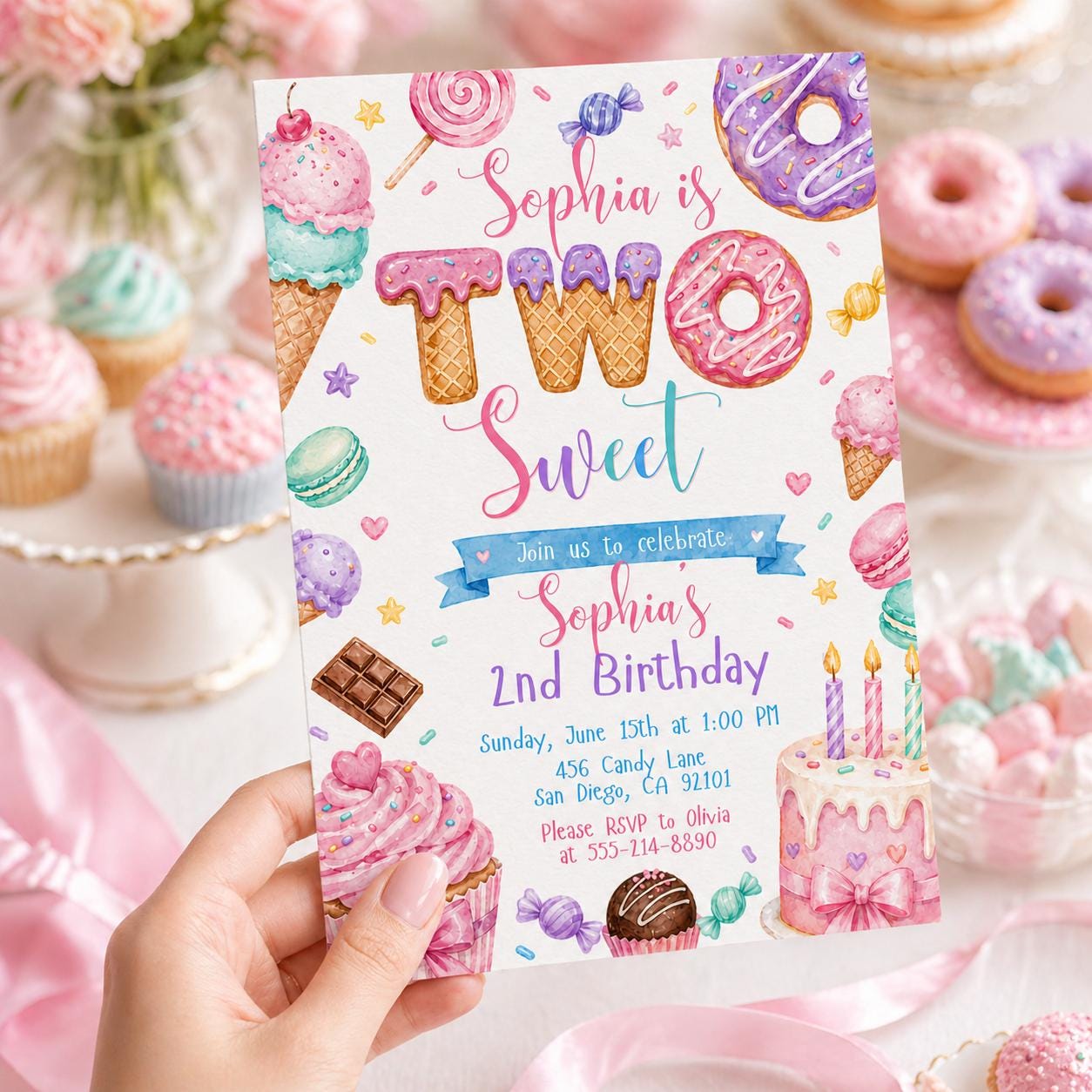 Two Sweet Birthday Invitation In Pink, Personalized Girl Second Birthday Invitation (Digital Download) - Image 4