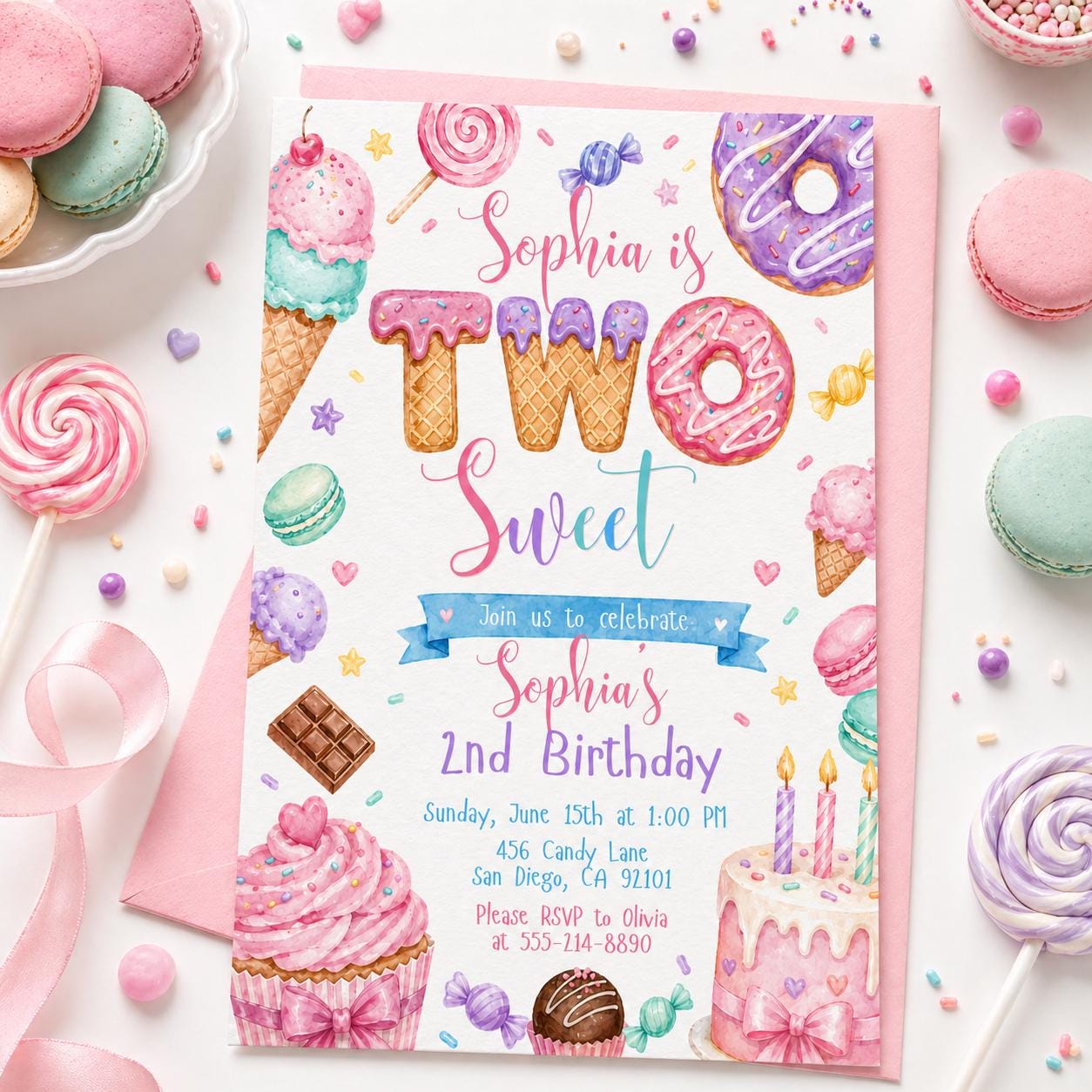 Two Sweet Birthday Invitation In Pink, Personalized Girl Second Birthday Invitation (Digital Download) - Image 6