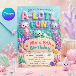 Axolotl Birthday Invitation, ALotl Fun Birthday Invitation Axolotl Birthday Invitation A-Lot-l Fun Invite Girl Axolotl Bday, Canva Template