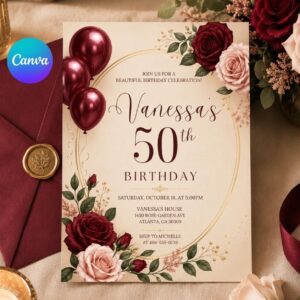 Editable 50th Birthday Invitation Template: Gold Floral Design (Digital Download)