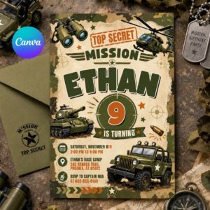 Military Theme Birthday Invitation, Camo Invite, Army Theme Invitation, Top Secret Mission Party, Editable Canva Template