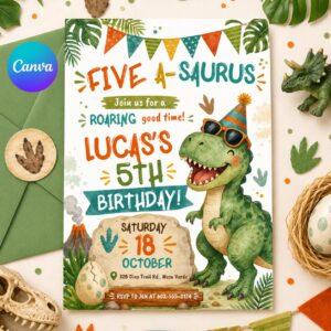 Five A-Saurus Birthday Invitation, Dinosaur Birthday Invitation, T-rex Birthday Invite, Dinosaur 5th Birthday Party Invite, Editable Canva