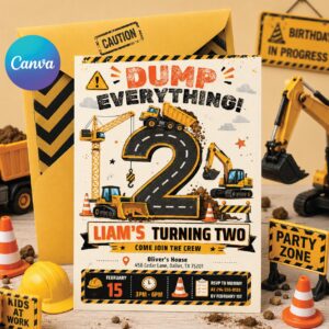Construction birthday invitation Let's Dig Up Some Fun 1st birthday invite editable template boy construction party dump truck invitation